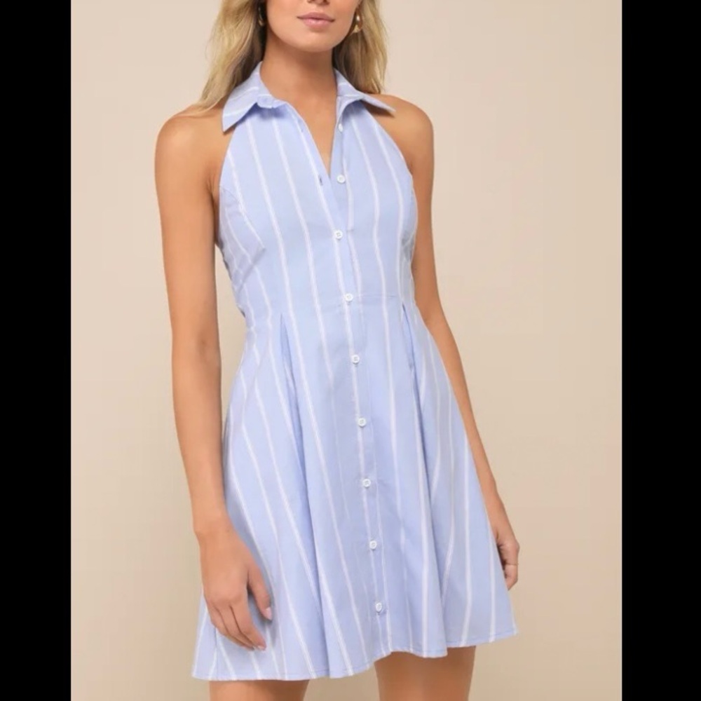Posh Beauty Light Blue Striped Collared Halter Mini Skater Dress NWT